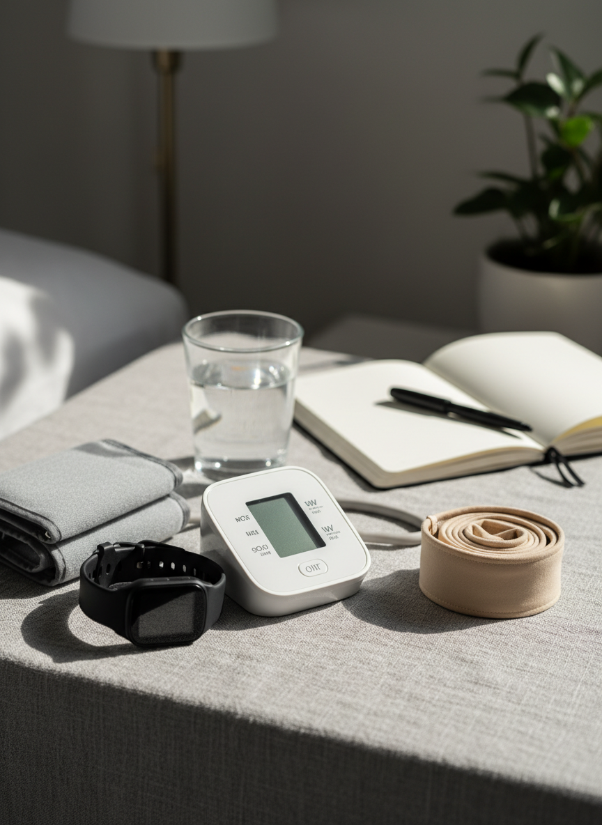 A close-up photographic view of a tidy bedside setup featuring a digital blood pressure monitor, a heart rate monitor watch, and a coiled compression garment folded on soft gray fabric, with a glass of water and a notebook, in soft afternoon light.