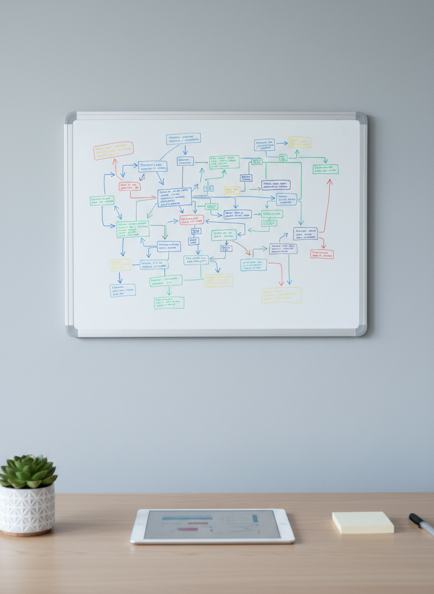 A minimalist whiteboard covered with colorful diagrams representing dysautonomia research pathways, with a tablet showing medical charts, a succulent, and sticky notes on a light oak table in cool studio lighting.