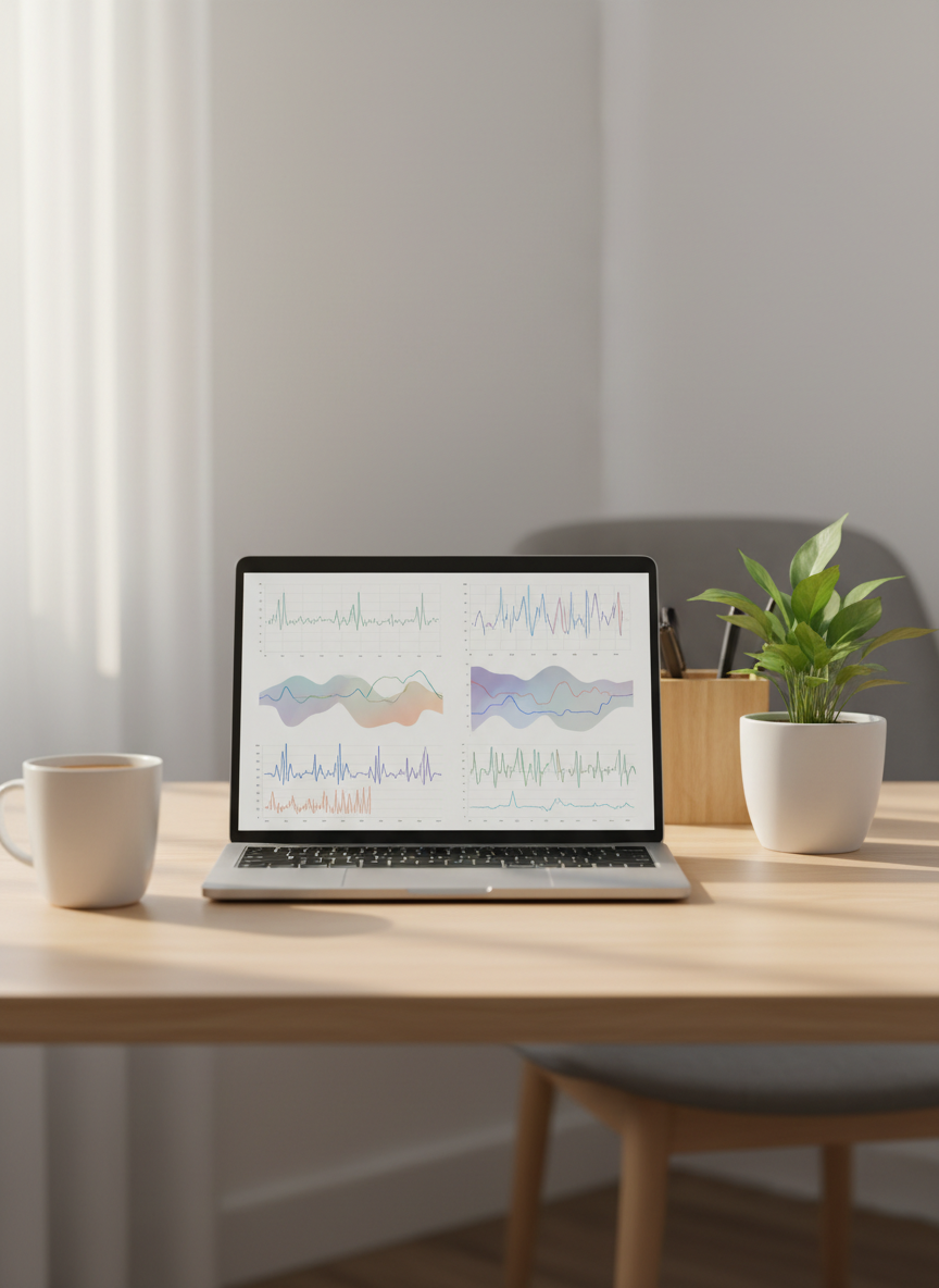 A neatly arranged home workspace focused on a slim silver laptop displaying abstract, softly colored graphs and waveforms, suggesting autonomic nervous system data without any readable text. The laptop rests on a pale wooden desk beside a simple ceramic mug and a small green plant in a white pot. Soft daylight filters through an unseen window, creating gentle reflections on the screen and subtle shadows along the desk edge. Photographic realism at eye level, with a shallow depth of field that blurs the background into a calm, neutral gradient. The mood is professional, focused, and reassuring, reflecting thoughtful research and basic information about dysautonomia without any clinical harshness or sensationalism.